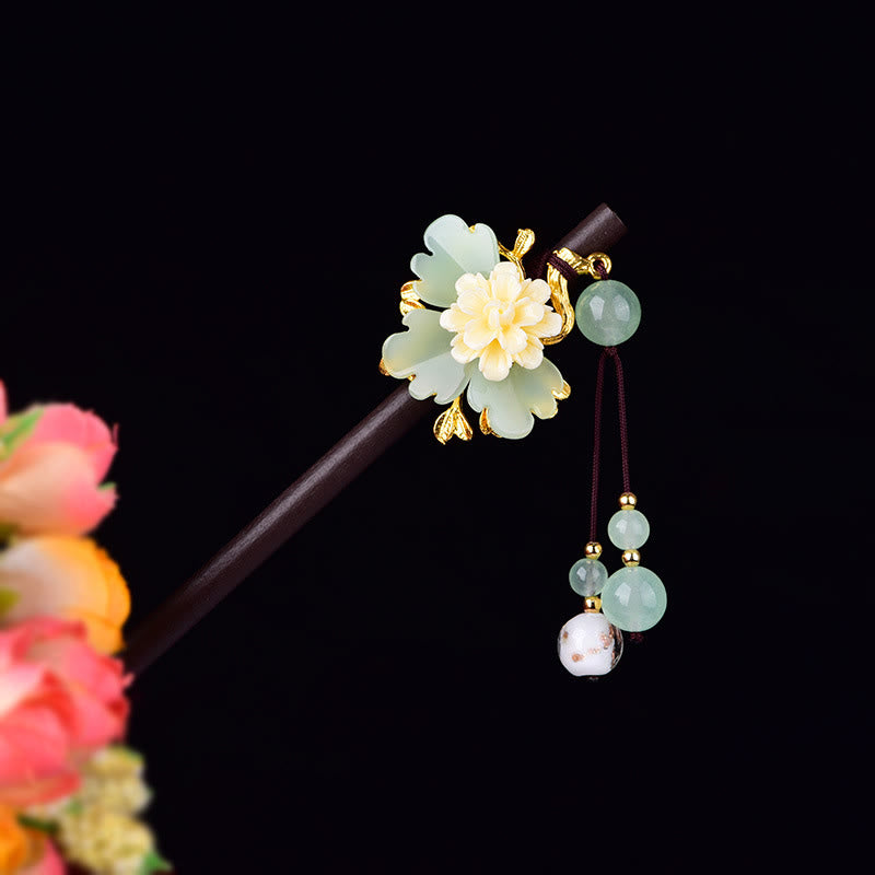 Buddha Stones Green Yellow White Flower Liuli Glass Wood Hairpin - Green - image 0