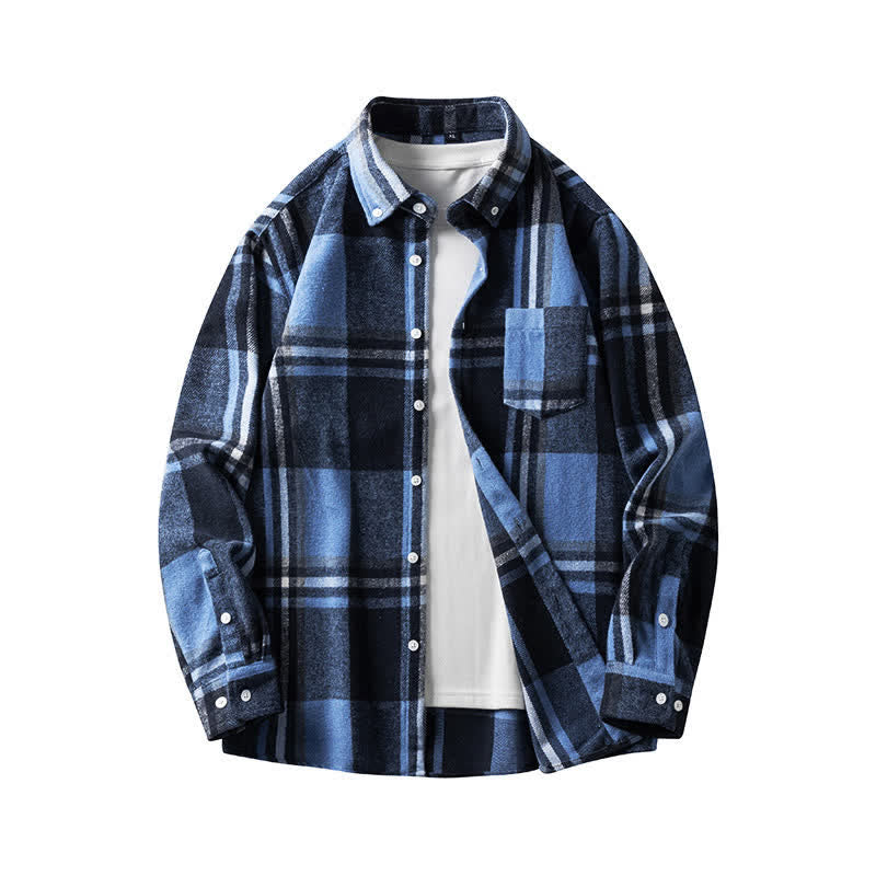 Buddha Stones Commute Multicolor Plaid Button Men's Cotton Long Sleeve Shirts With Pocket - LightSkyBlue MidnightBlue Plaid - US/UK/AU48，EU58 (7XL) - image 5