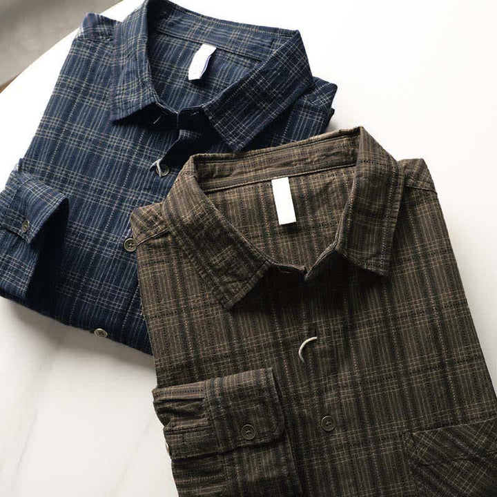 Buddha Stones Fall Commute Embroidery Plaid Pattern Men's Cotton Long Sleeve Shirts With Pocket - image 20