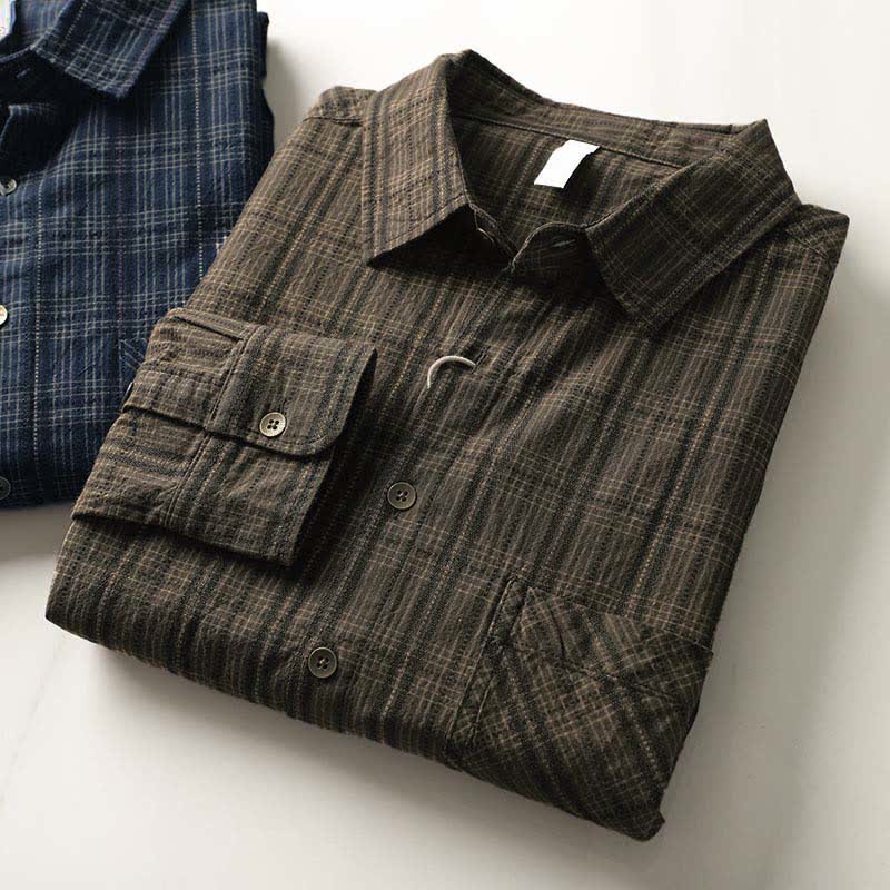 Buddha Stones Fall Commute Embroidery Plaid Pattern Men's Cotton Long Sleeve Shirts With Pocket - image 21