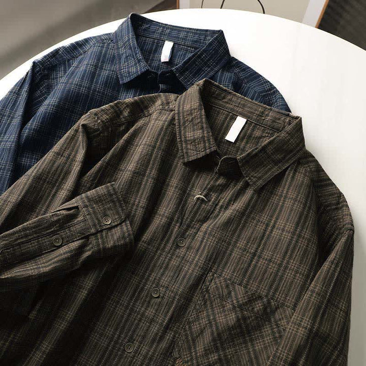 Buddha Stones Fall Commute Embroidery Plaid Pattern Men's Cotton Long Sleeve Shirts With Pocket - image 18