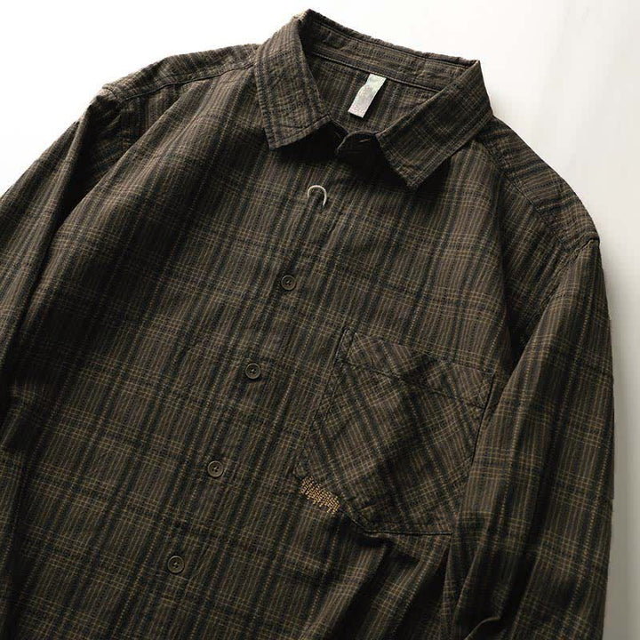 Buddha Stones Fall Commute Embroidery Plaid Pattern Men's Cotton Long Sleeve Shirts With Pocket - image 5