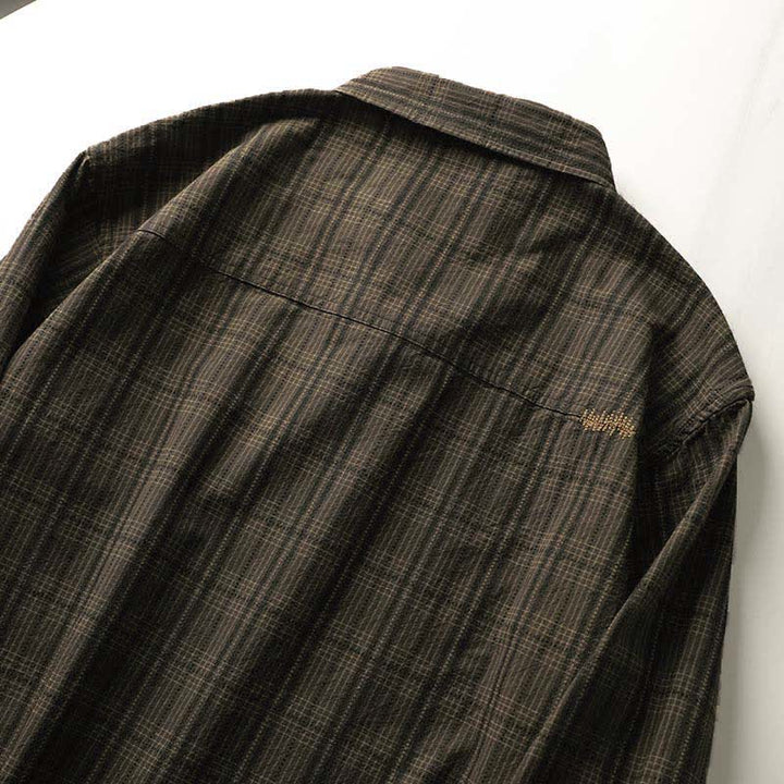 Buddha Stones Fall Commute Embroidery Plaid Pattern Men's Cotton Long Sleeve Shirts With Pocket - image 6