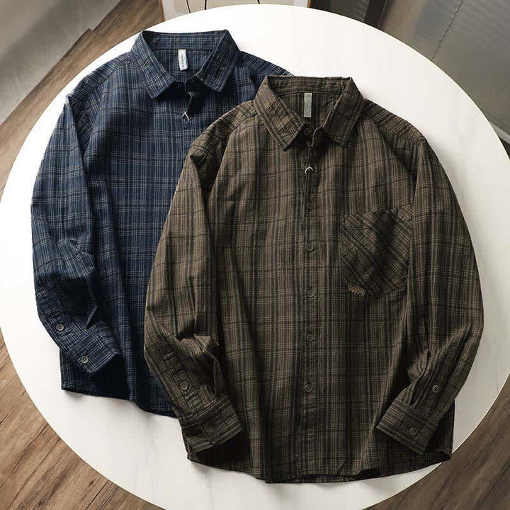 Buddha Stones Fall Commute Embroidery Plaid Pattern Men's Cotton Long Sleeve Shirts With Pocket - image 0