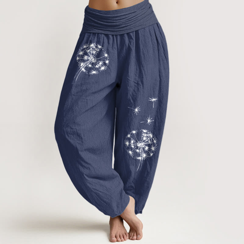 Buddha Stones Pure Cotton Concise Dandelion Pattern Women's Elastic Waist Harem Pants - DarkSlateBlue - US16，UK/AU20，EU48 (3XL) - image 8