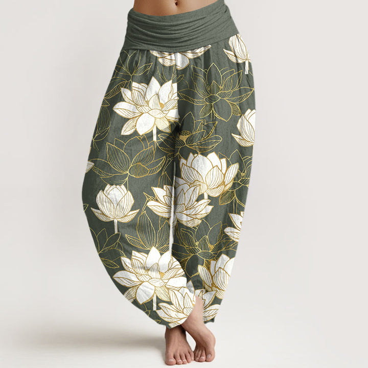 Buddha Stones Cotton Elegant Refined Lotus Flower Pattern Women's Elastic Waist Harem Pants - OliveDrab - US16，UK/AU20，EU48 (3XL) - image 8