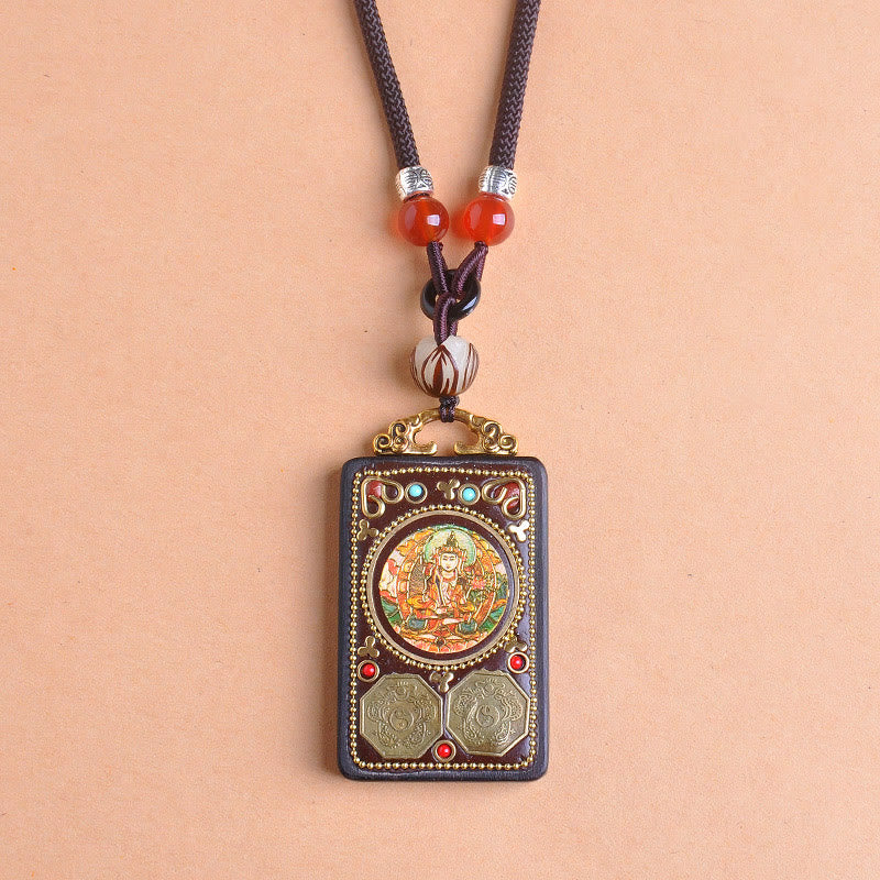 Buddha Stones Thangka Yin Yang Copper Coins Ebony Wood Zakiram Balance Pendant Necklace - image 8
