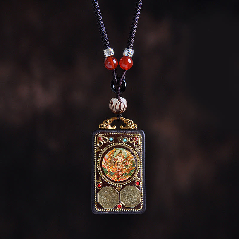 Buddha Stones Thangka Yin Yang Copper Coins Ebony Wood Zakiram Balance Pendant Necklace - Ebony Wood Manjushri Bodhisattva - image 4