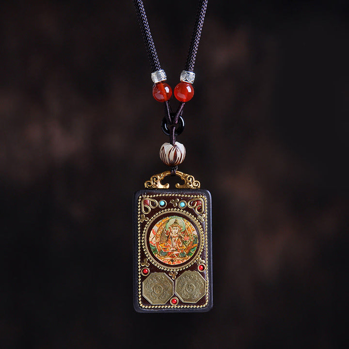 Buddha Stones Thangka Yin Yang Copper Coins Ebony Wood Zakiram Balance Pendant Necklace - Ebony Wood Manjushri Bodhisattva - image 4