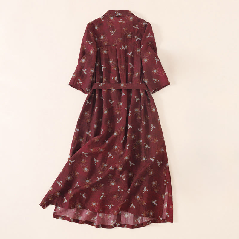 Buddha Stones Summer Printing Floral Button Lace-Up Design Half Sleeve Midi Dress With Pockets - image 1