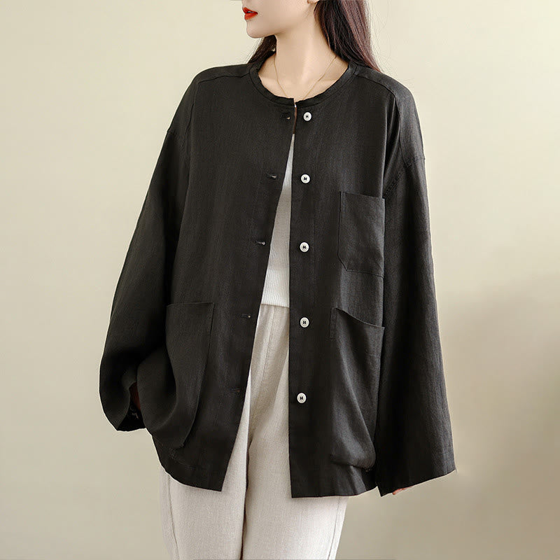 Buddha Stones Spring Crew Neck Long Sleeve Plain Women's Cotton Buttons Shirt With Pockets - Black - US8-10，UK/AU12-14，EU40-42 (2XL) - image 0