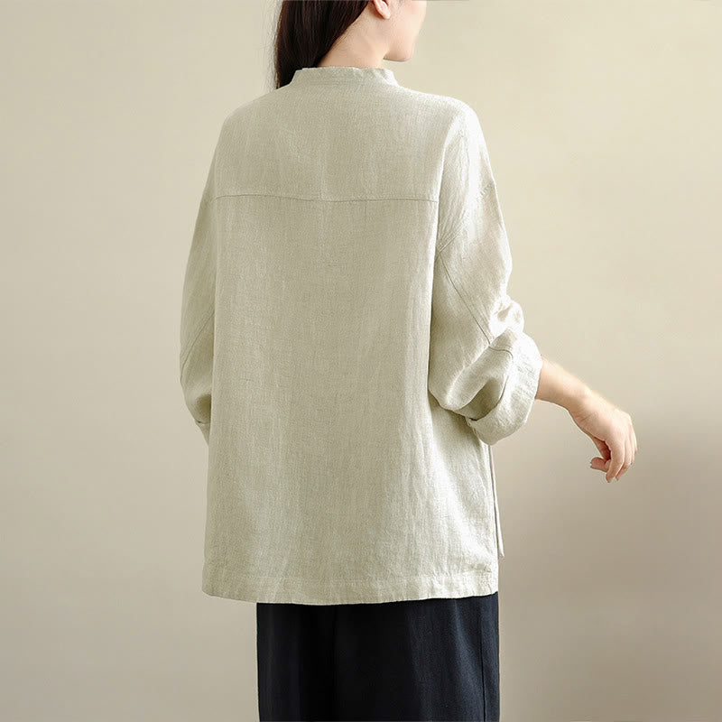 Buddha Stones Spring Crew Neck Long Sleeve Plain Women's Cotton Buttons Shirt With Pockets - image 12