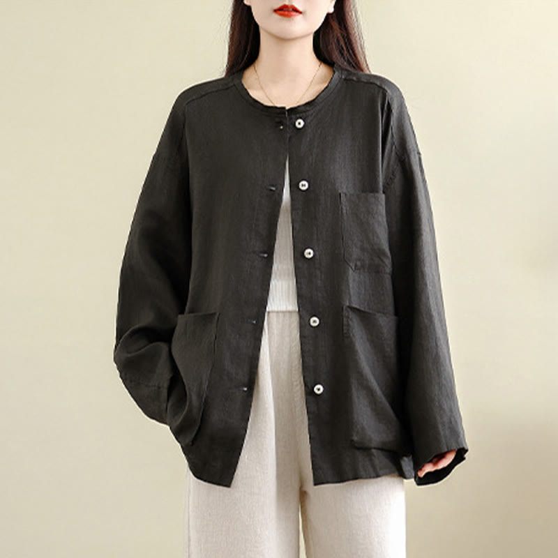 Buddha Stones Spring Crew Neck Long Sleeve Plain Women's Cotton Buttons Shirt With Pockets - image 1
