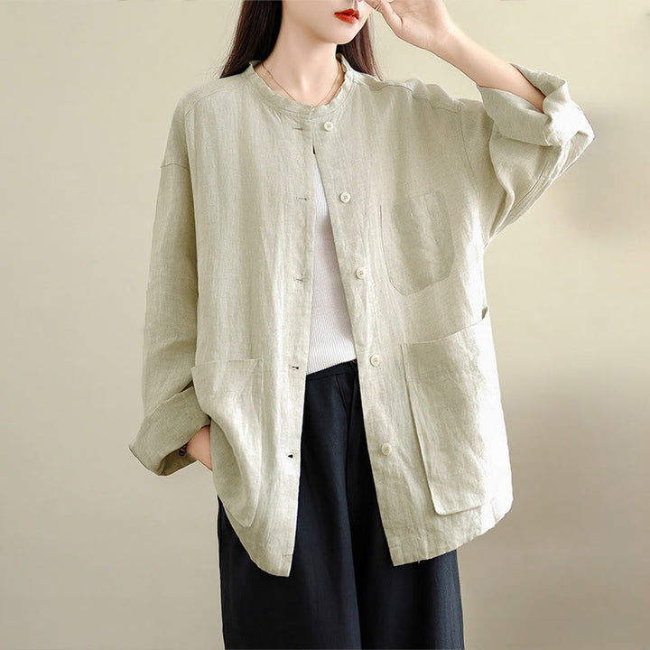 Buddha Stones Spring Crew Neck Long Sleeve Plain Women's Cotton Buttons Shirt With Pockets - White - US8-10，UK/AU12-14，EU40-42 (2XL) - image 7