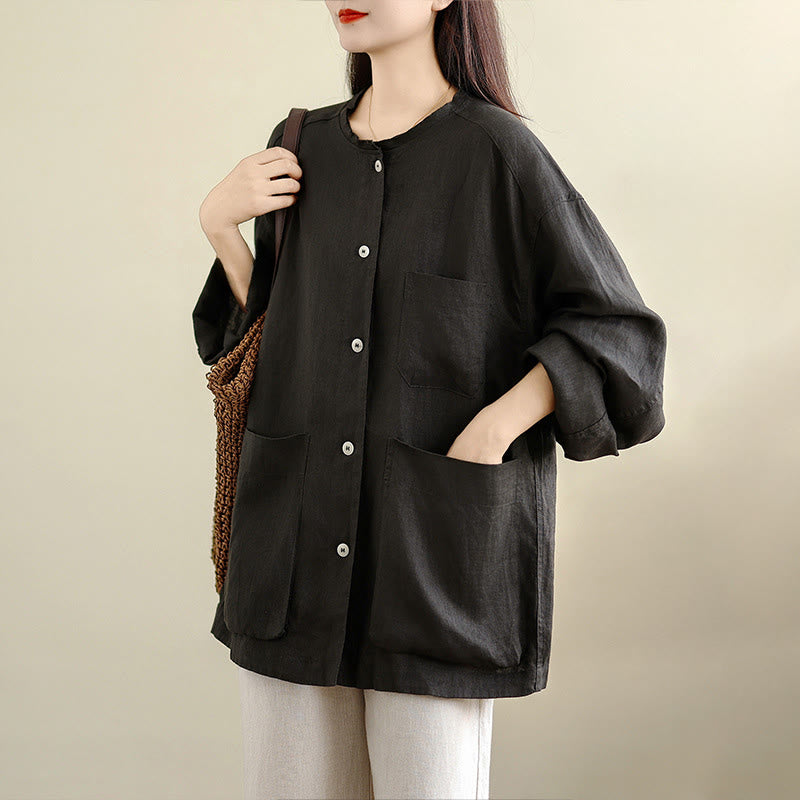 Buddha Stones Spring Crew Neck Long Sleeve Plain Women's Cotton Buttons Shirt With Pockets - image 5