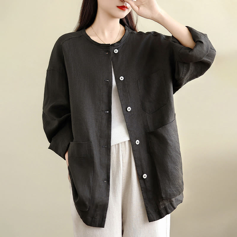Buddha Stones Spring Crew Neck Long Sleeve Plain Women's Cotton Buttons Shirt With Pockets - image 4