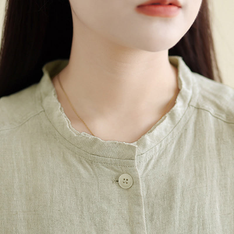 Buddha Stones Spring Crew Neck Long Sleeve Plain Women's Cotton Buttons Shirt With Pockets - image 13