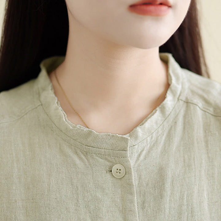 Buddha Stones Spring Crew Neck Long Sleeve Plain Women's Cotton Buttons Shirt With Pockets - image 13