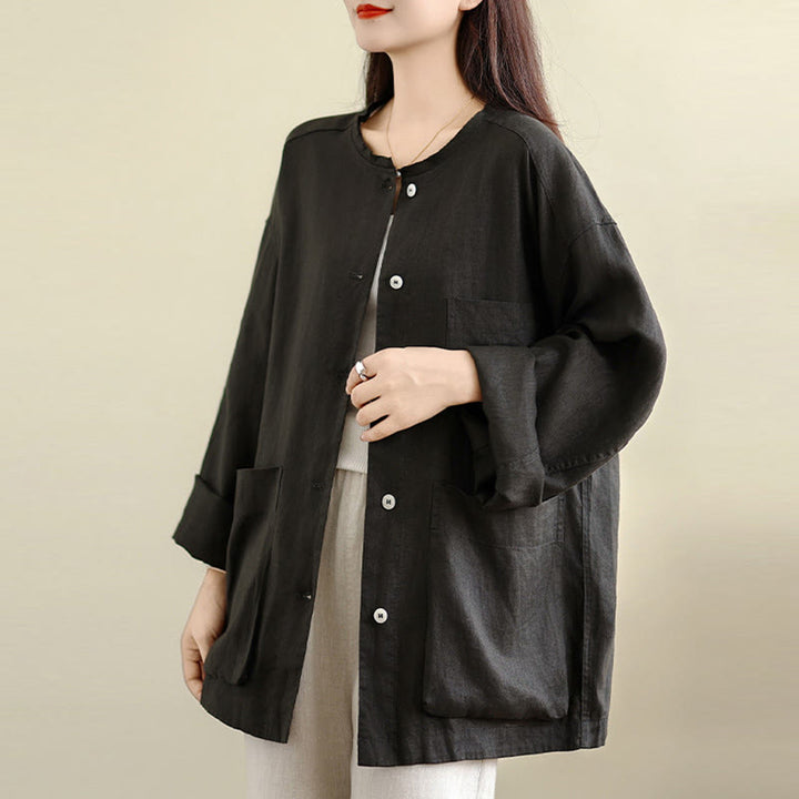 Buddha Stones Spring Crew Neck Long Sleeve Plain Women's Cotton Buttons Shirt With Pockets - image 3