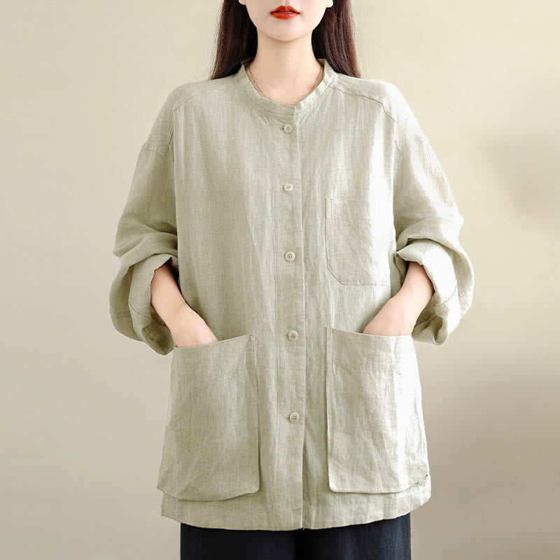 Buddha Stones Spring Crew Neck Long Sleeve Plain Women's Cotton Buttons Shirt With Pockets - image 11