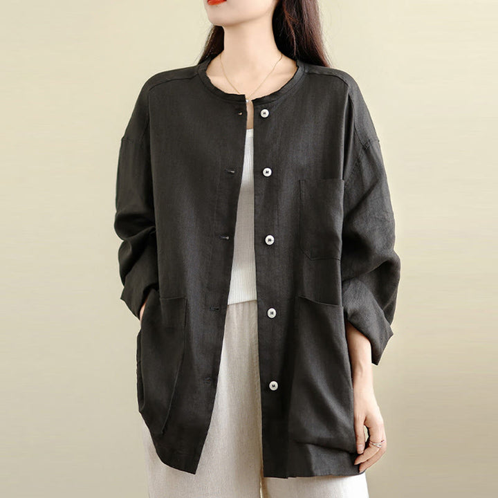 Buddha Stones Spring Crew Neck Long Sleeve Plain Women's Cotton Buttons Shirt With Pockets - image 2