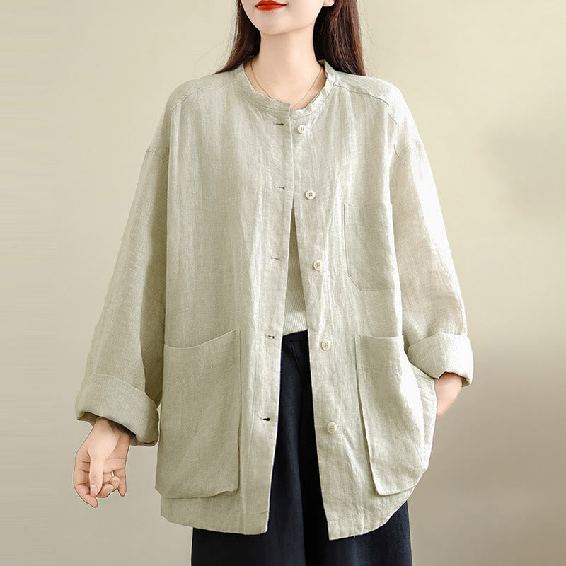 Buddha Stones Spring Crew Neck Long Sleeve Plain Women's Cotton Buttons Shirt With Pockets - image 10