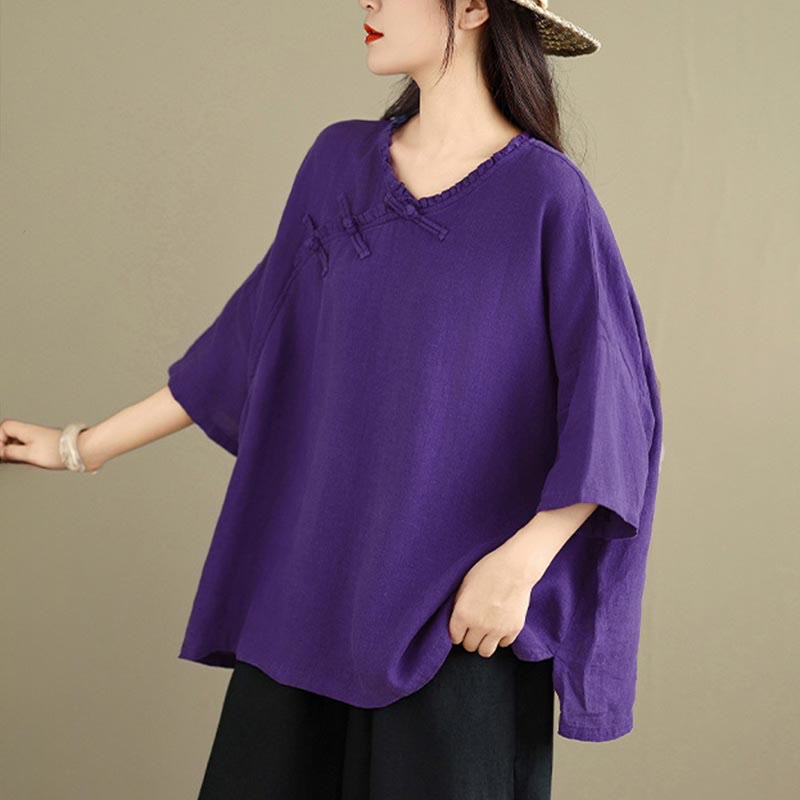 Buddha Stones Spring V-Neck Frog-Button Long Sleeve Plain Women's Cotton Shirt  - image 15