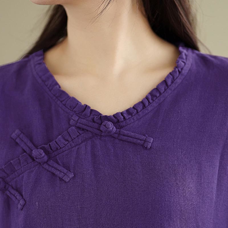 Buddha Stones Spring V-Neck Frog-Button Long Sleeve Plain Women's Cotton Shirt  - image 18