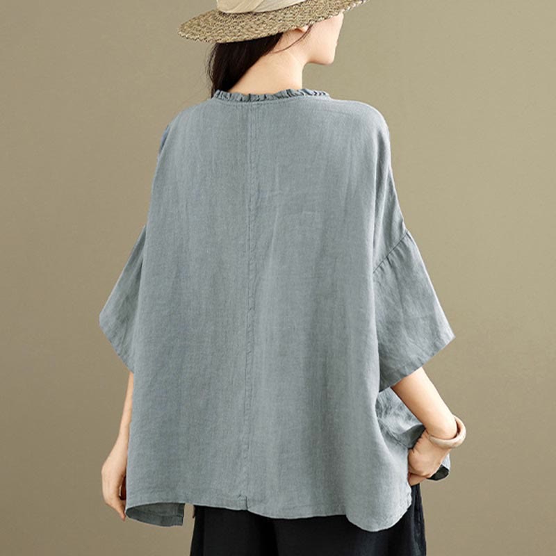 Buddha Stones Spring V-Neck Frog-Button Long Sleeve Plain Women's Cotton Shirt  - image 5