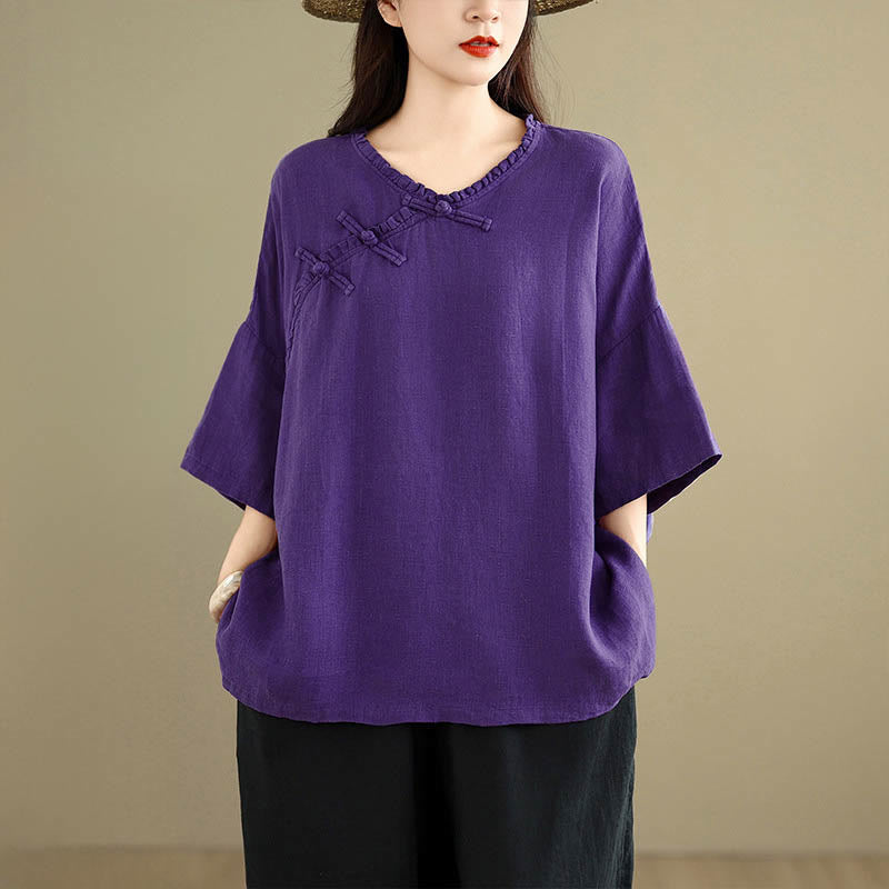 Buddha Stones Spring V-Neck Frog-Button Long Sleeve Plain Women's Cotton Shirt  - image 13