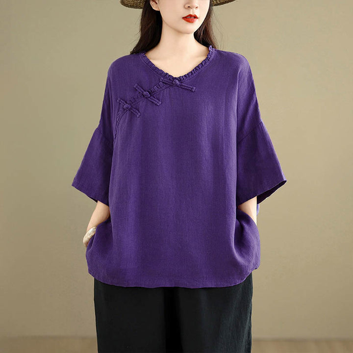 Buddha Stones Spring V-Neck Frog-Button Long Sleeve Plain Women's Cotton Shirt  - image 13