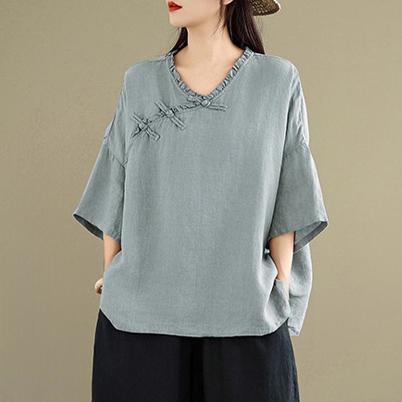 Buddha Stones Spring V-Neck Frog-Button Long Sleeve Plain Women's Cotton Shirt  - image 4