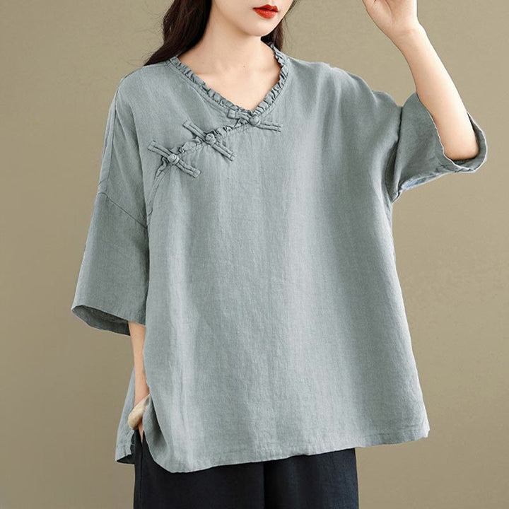 Buddha Stones Spring V-Neck Frog-Button Long Sleeve Plain Women's Cotton Shirt  - image 3