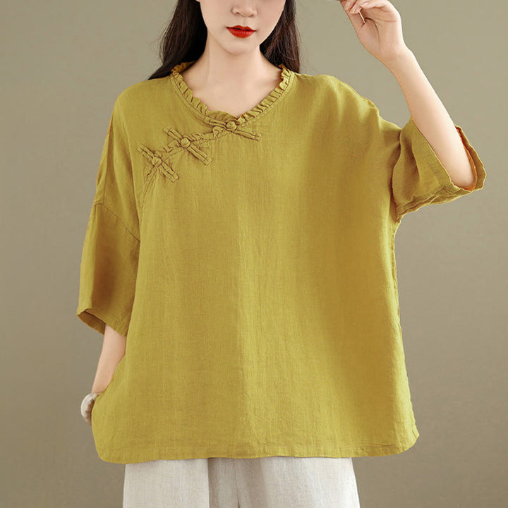 Buddha Stones Spring V-Neck Frog-Button Long Sleeve Plain Women's Cotton Shirt  - image 7