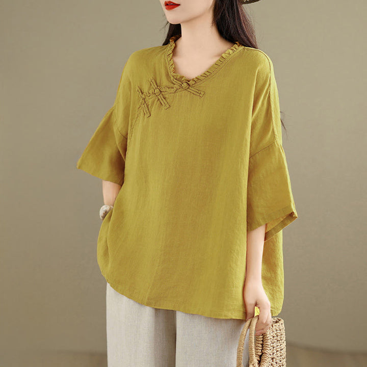 Buddha Stones Spring V-Neck Frog-Button Long Sleeve Plain Women's Cotton Shirt  - image 9