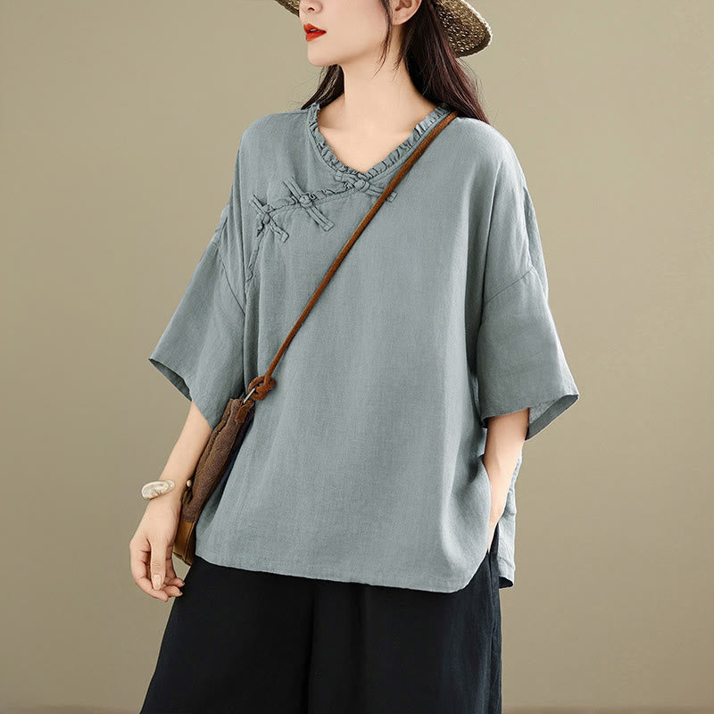 Buddha Stones Spring V-Neck Frog-Button Long Sleeve Plain Women's Cotton Shirt  - LightBlue - US8-10，UK/AU12-14，EU40-42 (2XL) - image 0