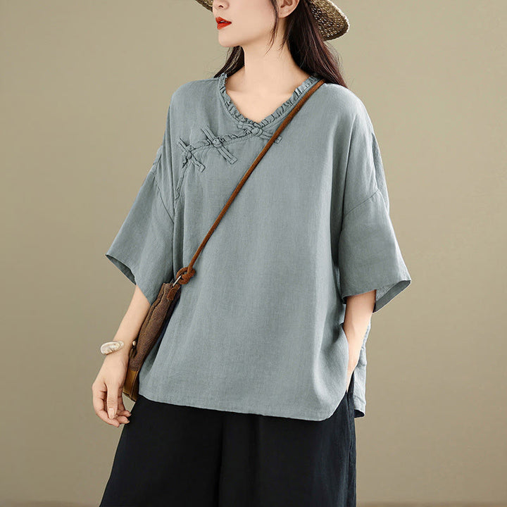 Buddha Stones Spring V-Neck Frog-Button Long Sleeve Plain Women's Cotton Shirt  - LightBlue - US8-10，UK/AU12-14，EU40-42 (2XL) - image 0