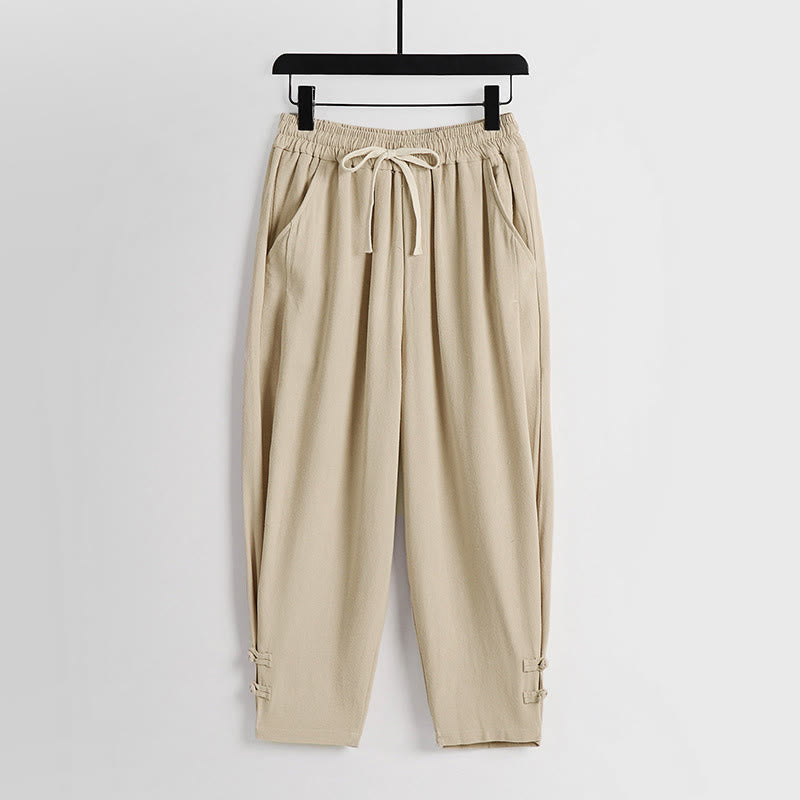Buddha Stones Summer Drawstring Elastic Waist Frog-Button Ankle-Length Men's Cotton Linen Pants With Pockets - Bisque - US/UK/AU54，EU64 (9XL) - image 11