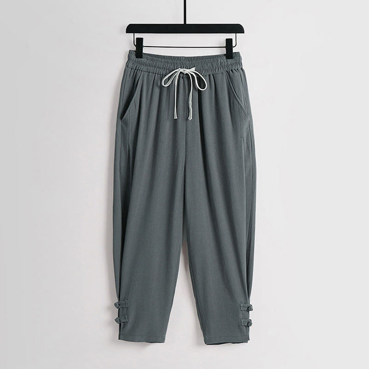 Buddha Stones Summer Drawstring Elastic Waist Frog-Button Ankle-Length Men's Cotton Linen Pants With Pockets - CadetBlue - US/UK/AU54，EU64 (9XL) - image 0