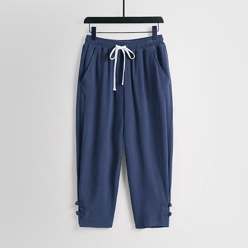 Buddha Stones Summer Drawstring Elastic Waist Frog-Button Ankle-Length Men's Cotton Linen Pants With Pockets - SteelBlue - US/UK/AU54，EU64 (9XL) - image 12