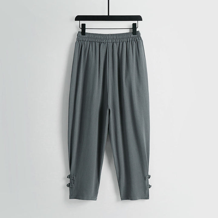 Buddha Stones Summer Drawstring Elastic Waist Frog-Button Ankle-Length Men's Cotton Linen Pants With Pockets - image 1