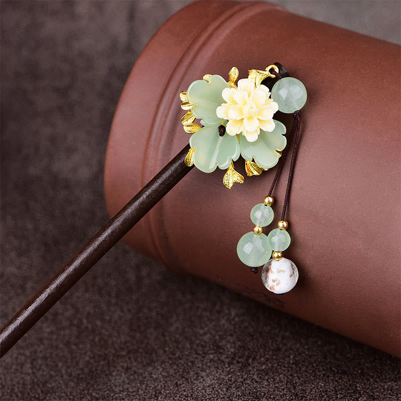 Buddha Stones Green Yellow White Flower Liuli Glass Wood Hairpin - image 1