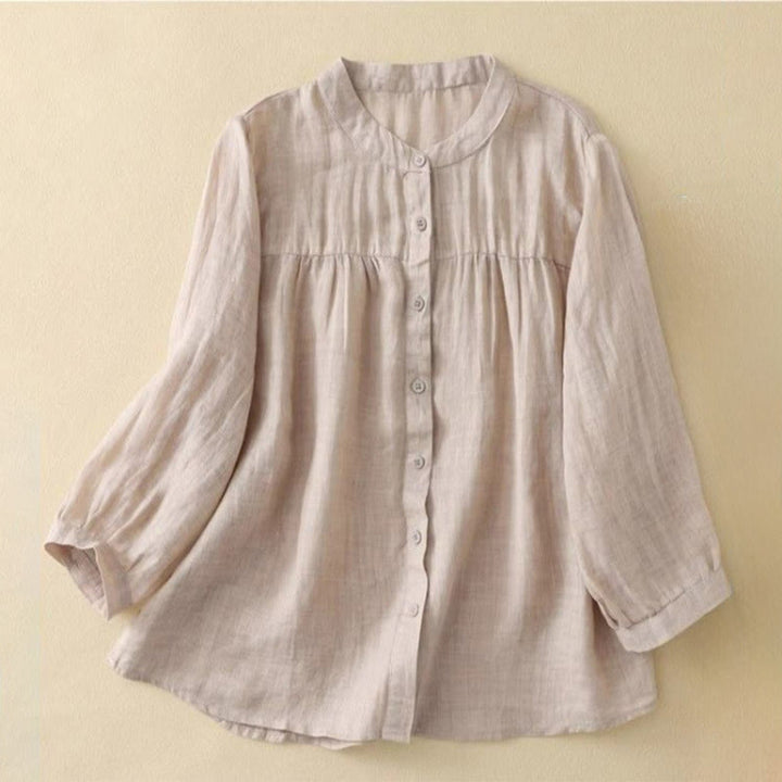 Buddha Stones Plain Crew Neck Buttons Design Three Quarter Sleeve Women's Shirt - Bisque - US14，UK/AU18，EU46 (3XL) - image 15