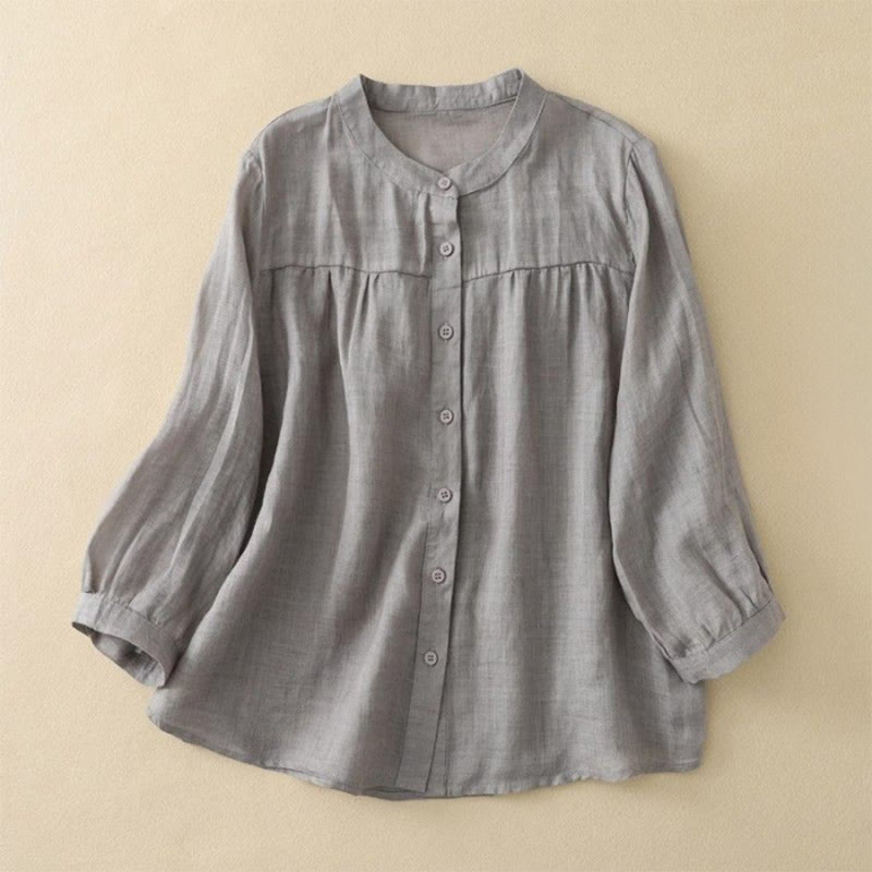 Buddha Stones Plain Crew Neck Buttons Design Three Quarter Sleeve Women's Shirt - Gray - US14，UK/AU18，EU46 (3XL) - image 0
