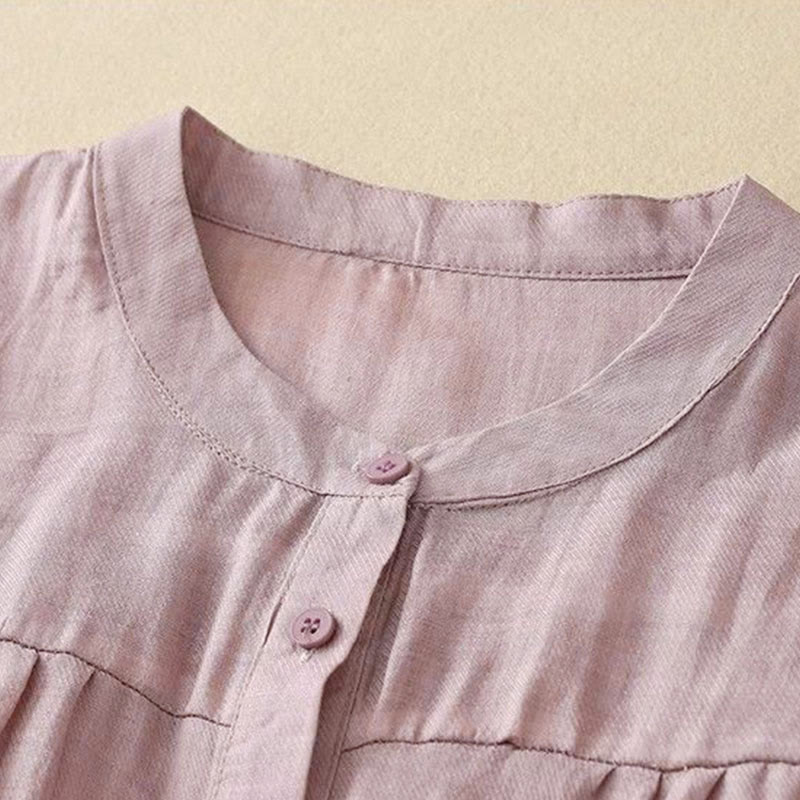 Buddha Stones Plain Crew Neck Buttons Design Three Quarter Sleeve Women's Shirt - image 11