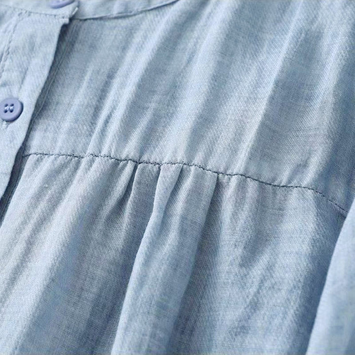 Buddha Stones Plain Crew Neck Buttons Design Three Quarter Sleeve Women's Shirt - image 7