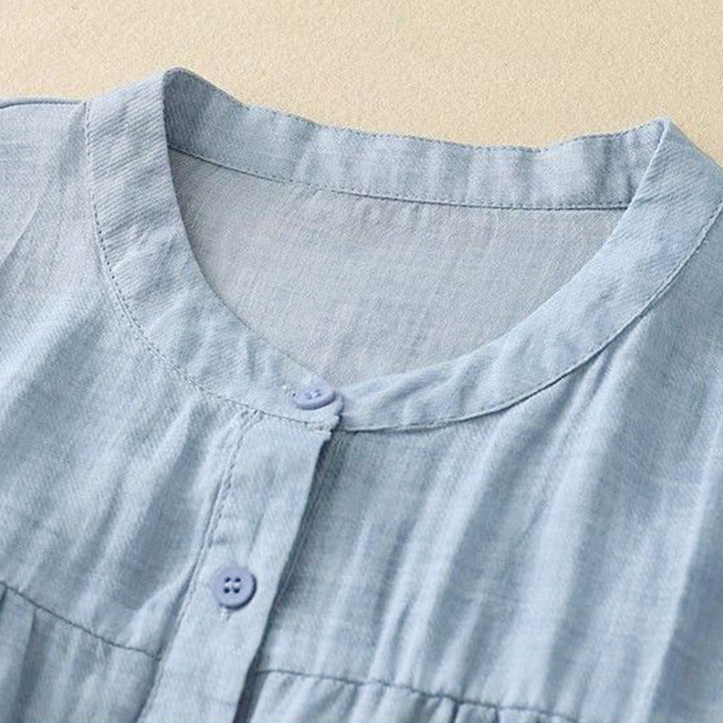 Buddha Stones Plain Crew Neck Buttons Design Three Quarter Sleeve Women's Shirt - image 6