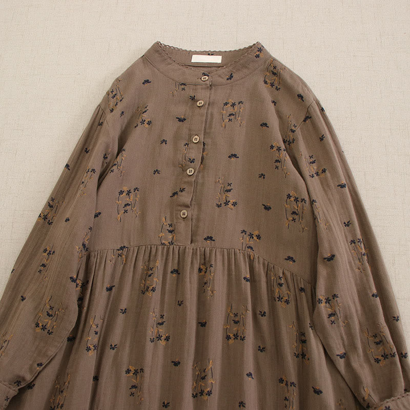 Buddha Stones Spring Small Floral Print Buttons Design Crew Neck Long Sleeve Midi Dress With Pockets - image 37