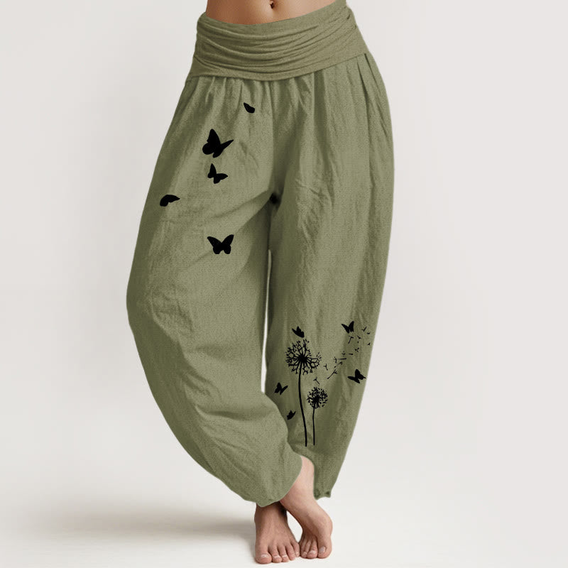 Buddha Stones Pure Cotton Elegant Butterfly Dandelion Pattern Women's Elastic Waist Harem Pants - OliveDrab - US16，UK/AU20，EU48 (3XL) - image 14