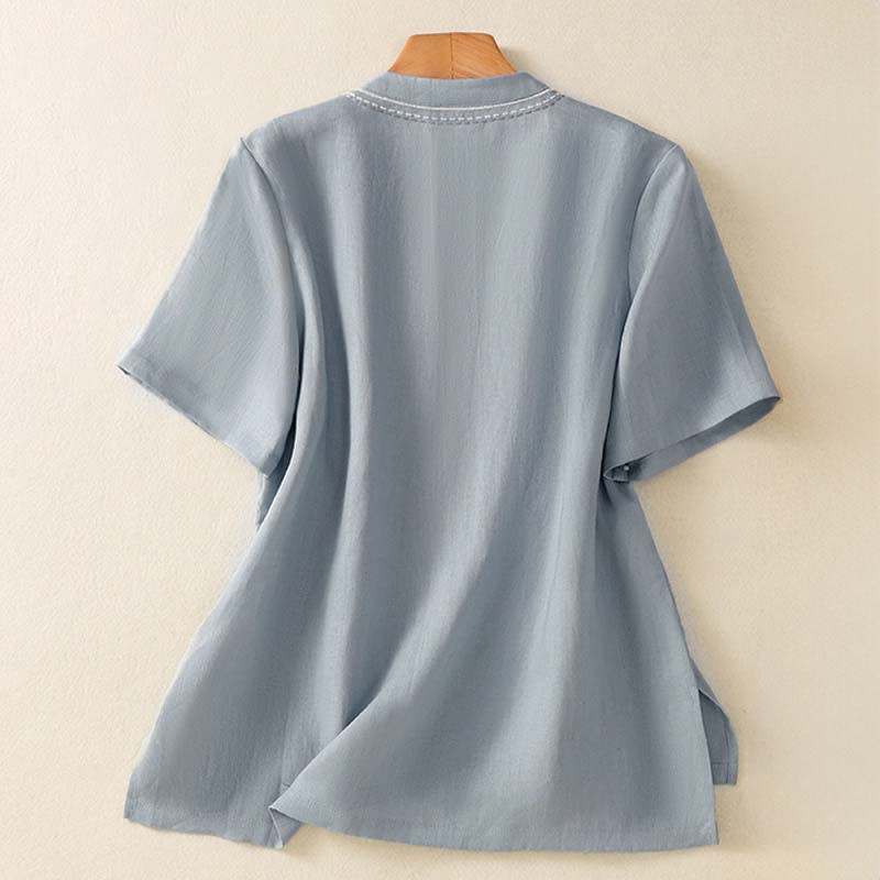 Buddha Stones Summer Stand Collar Short Sleeve Plain Women's  Frog-Button Cotton Shirt With Pocket - image 2